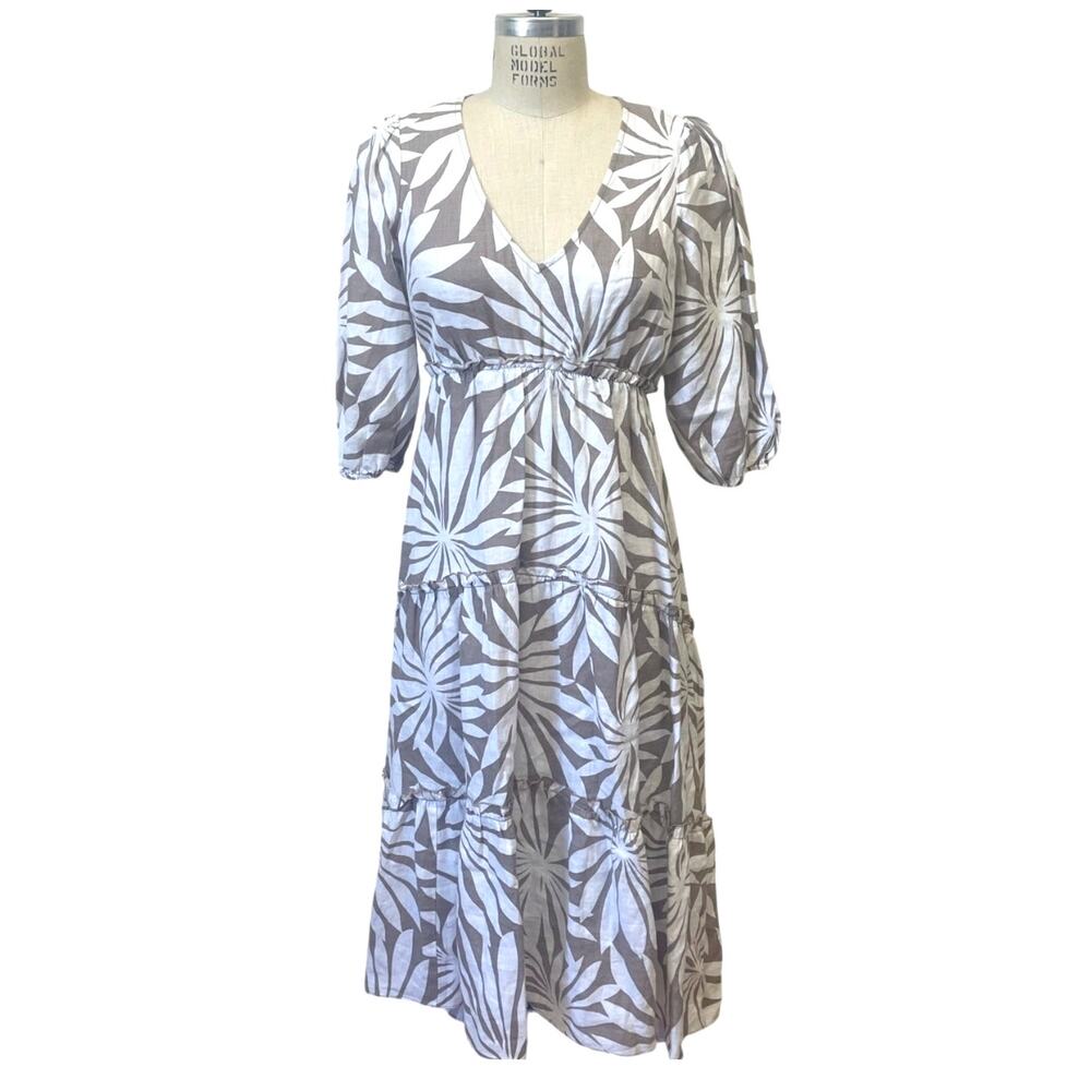 Trina Turk Out of Office Linen Palm Front Print Midi Dress Size Small